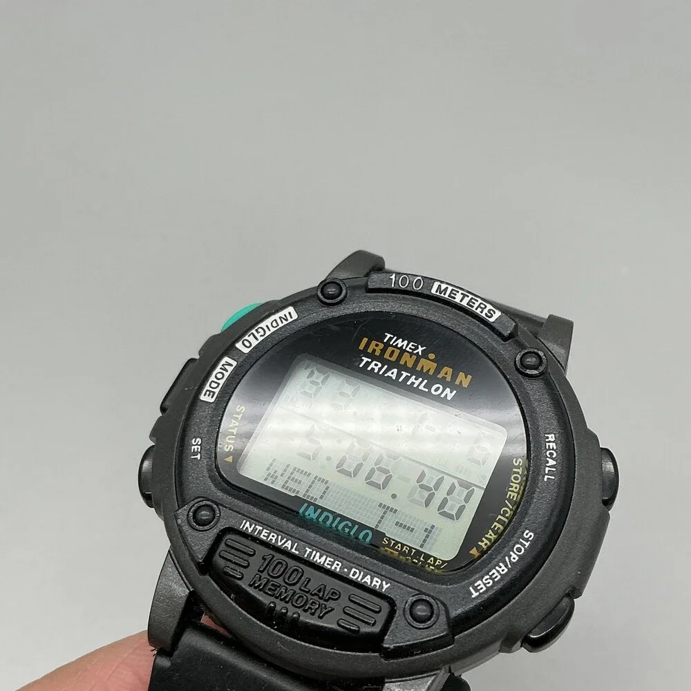 Vintage Timex Ironman Triathlon Mens Watch 44mm Gray Digital 100 Lap Indiglo